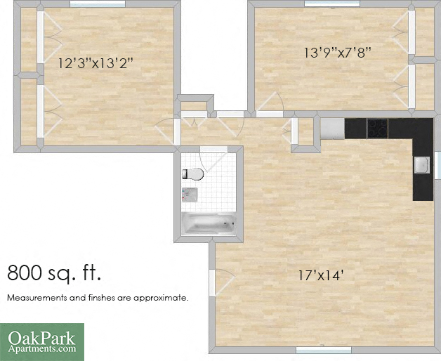 Floor plan for 2 beds, 1 bath, 800 sqft